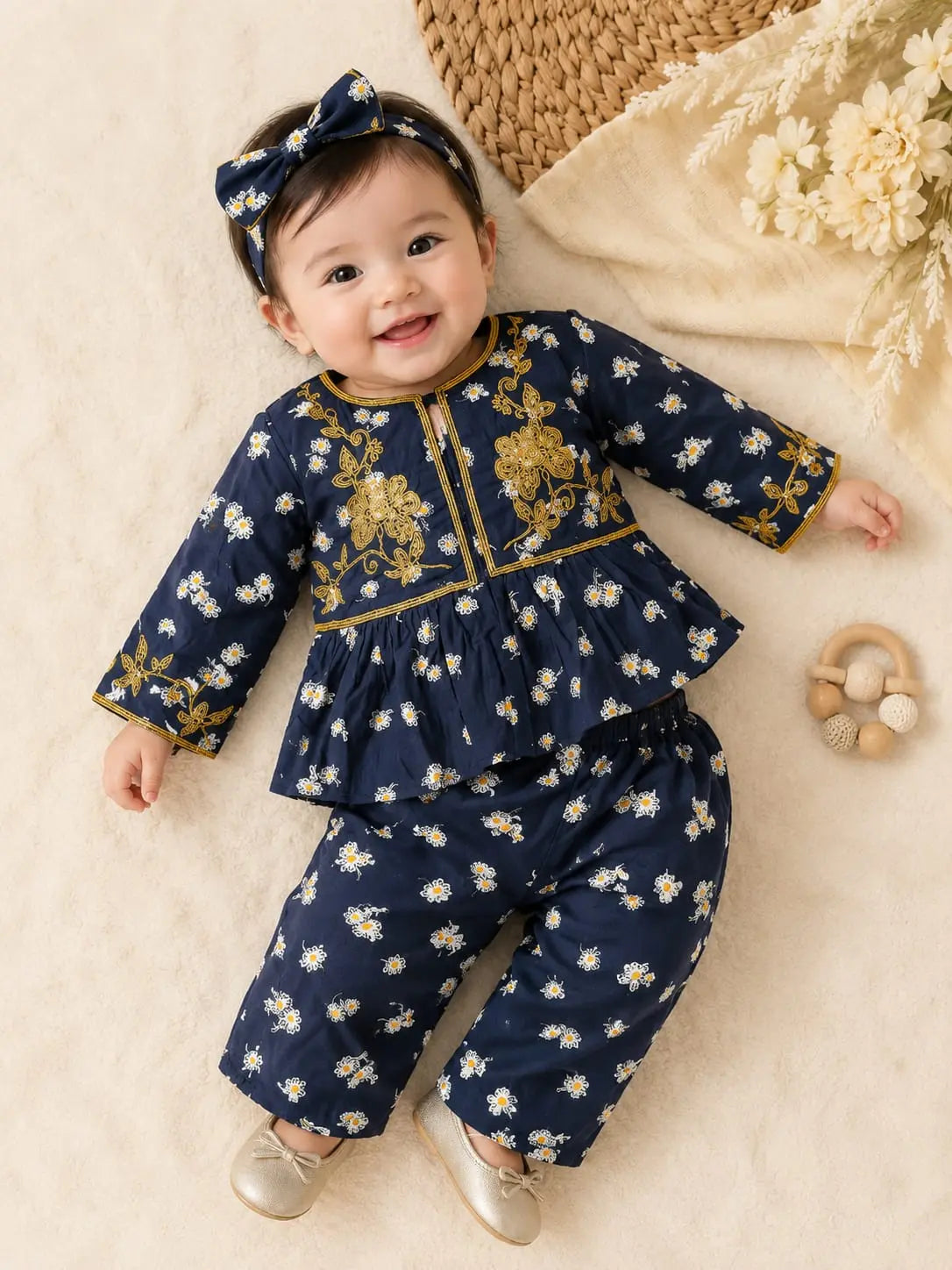 Baby Girls Navy Floral Embroidered Outfit Set