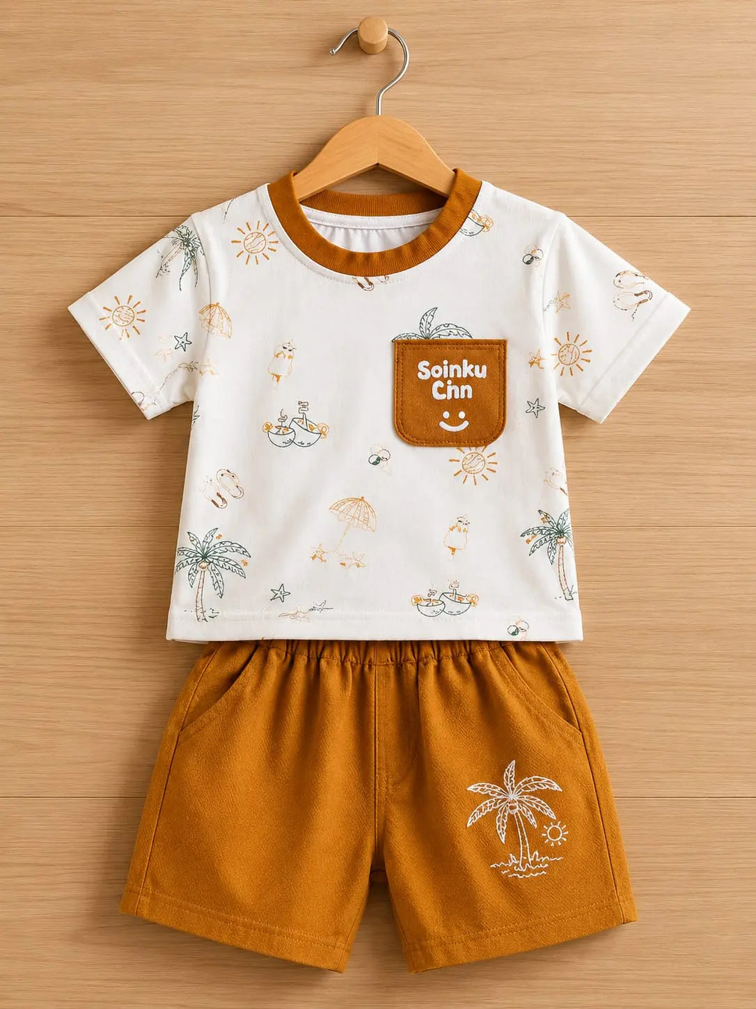 Boys Playful Crocodile Print Crewneck Tee and Shorts Summer.