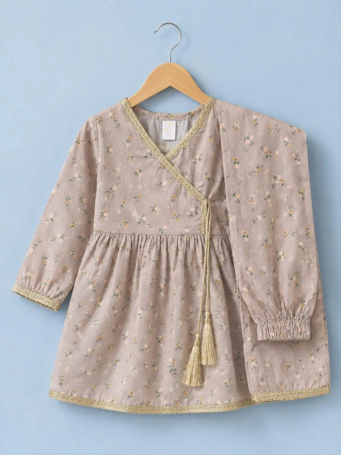 Girls Soft Mauve Floral Angrakha Frock & Trouser Set – 2 Piece Suit