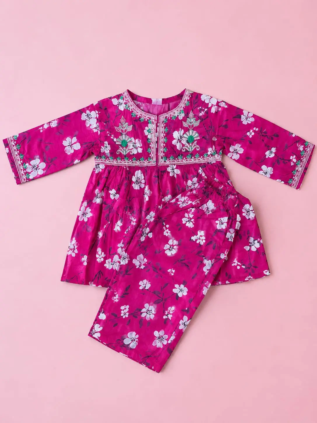 Girls Magenta Floral Print Peplum Frock & Trouser – 2 Piece Co-ord Set