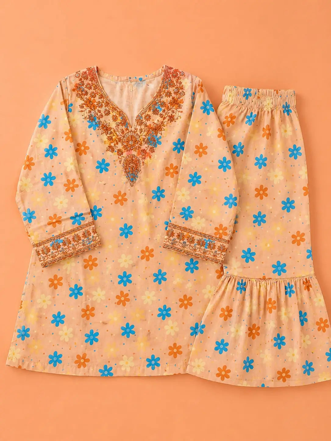 Girls Floral Print Peach Sharara Set – 2 Piece Festive Suit