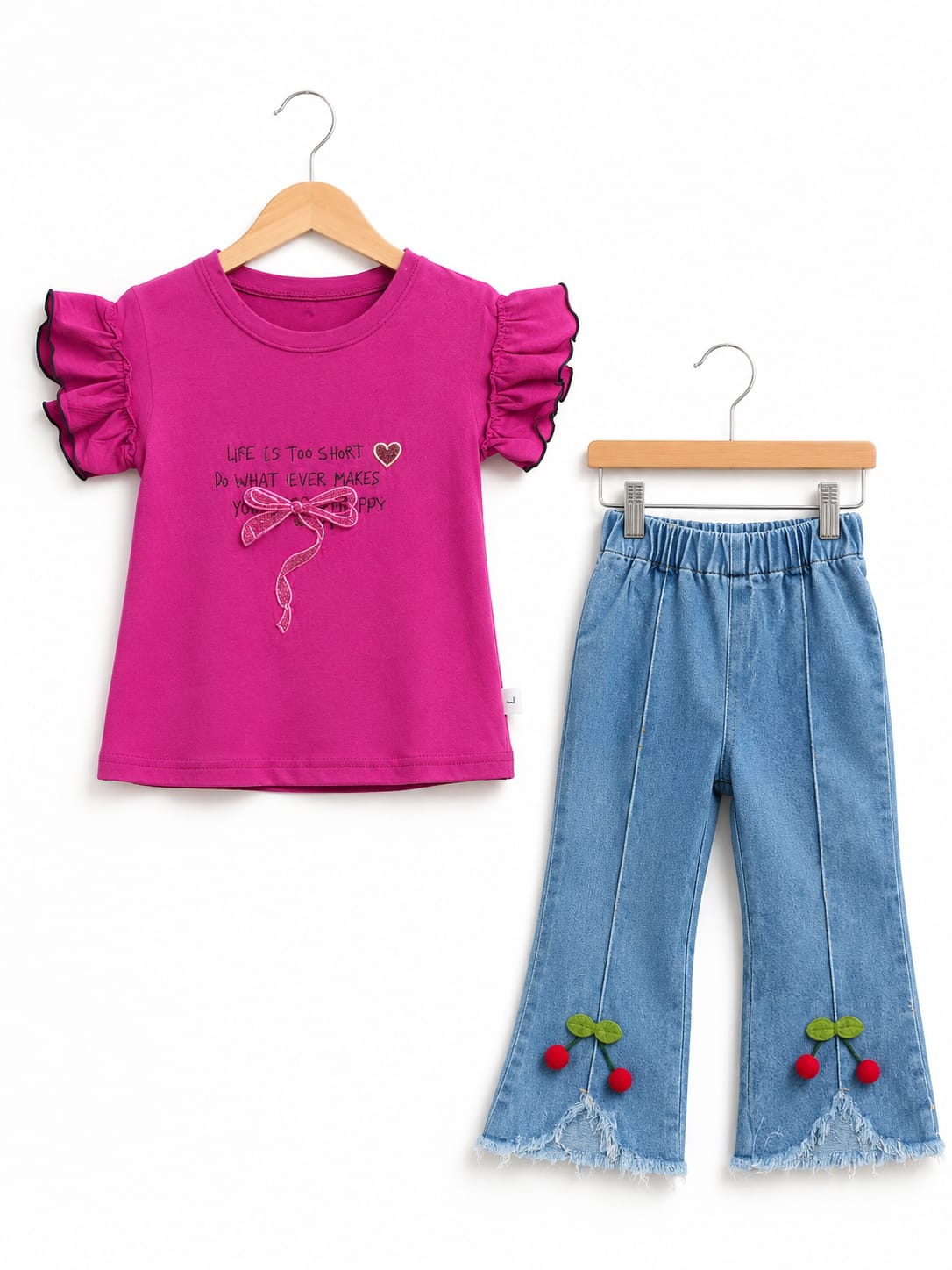 Girls Magenta Ruffle Sleeve Tee & Flared Denim Pants Set