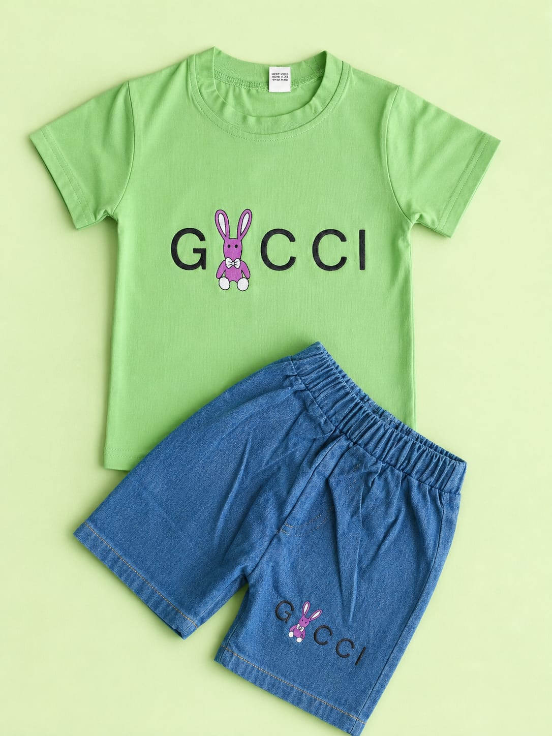 Girls Lime Green Printed Tee & Denim Shorts – 2 Piece Summer Co-ord Set