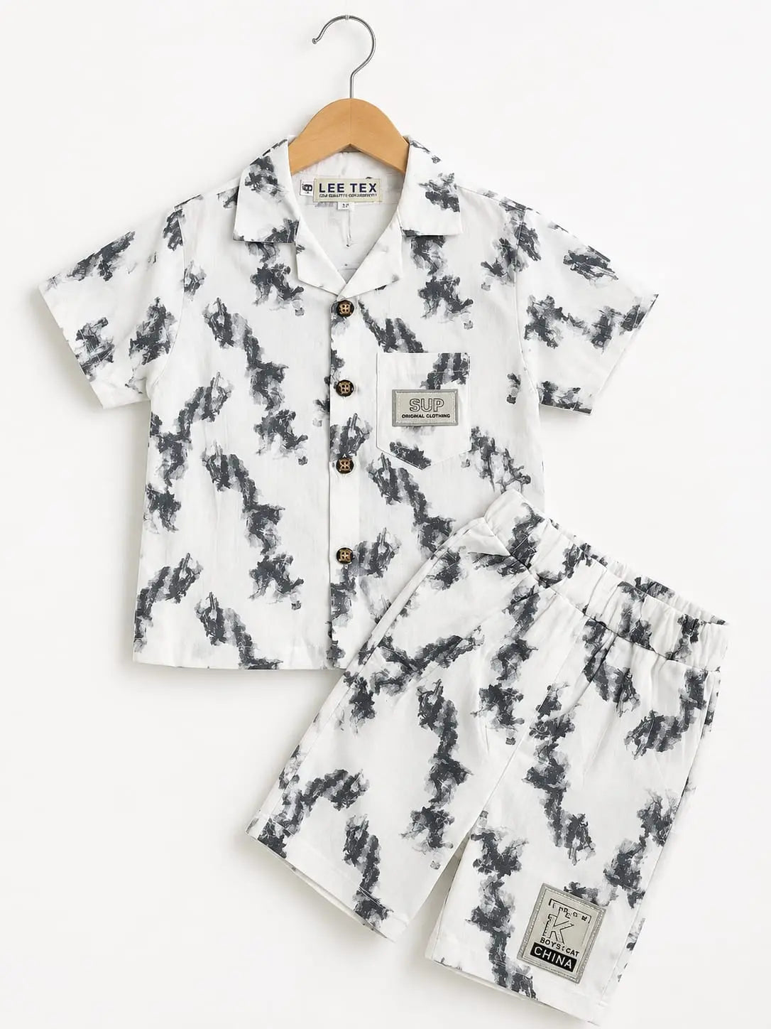Kids’ Cream Designer-Inspired Short Sleeve Button-Down 2-Piece Co-Ord