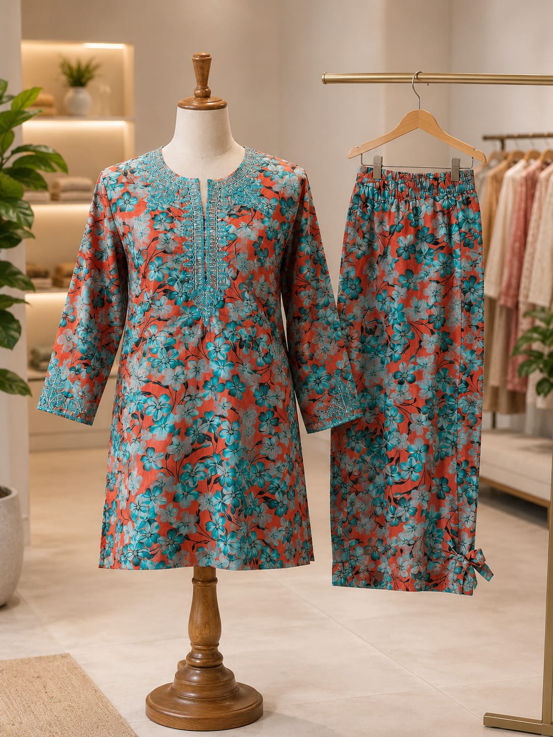Girls Coral & Turquoise Floral Printed 2-Piece Kurti Trouser Set