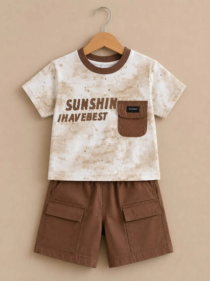 Boys’ “Sunshine” Graphic Tee & Brown Cargo Shorts Set