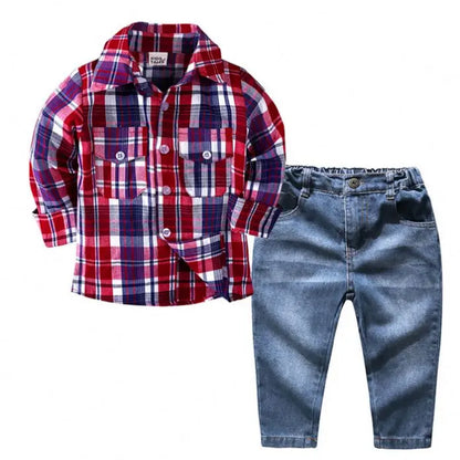 Baby Boys Casual Clothing Sets Two Pieces With Pants and Long Sleeve Plaid Shirts