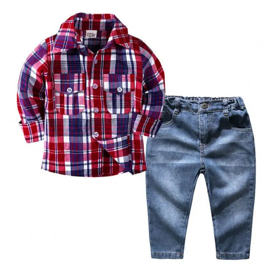 Baby Boys Casual Clothing Sets Two Pieces With Pants and Long Sleeve Plaid Shirts