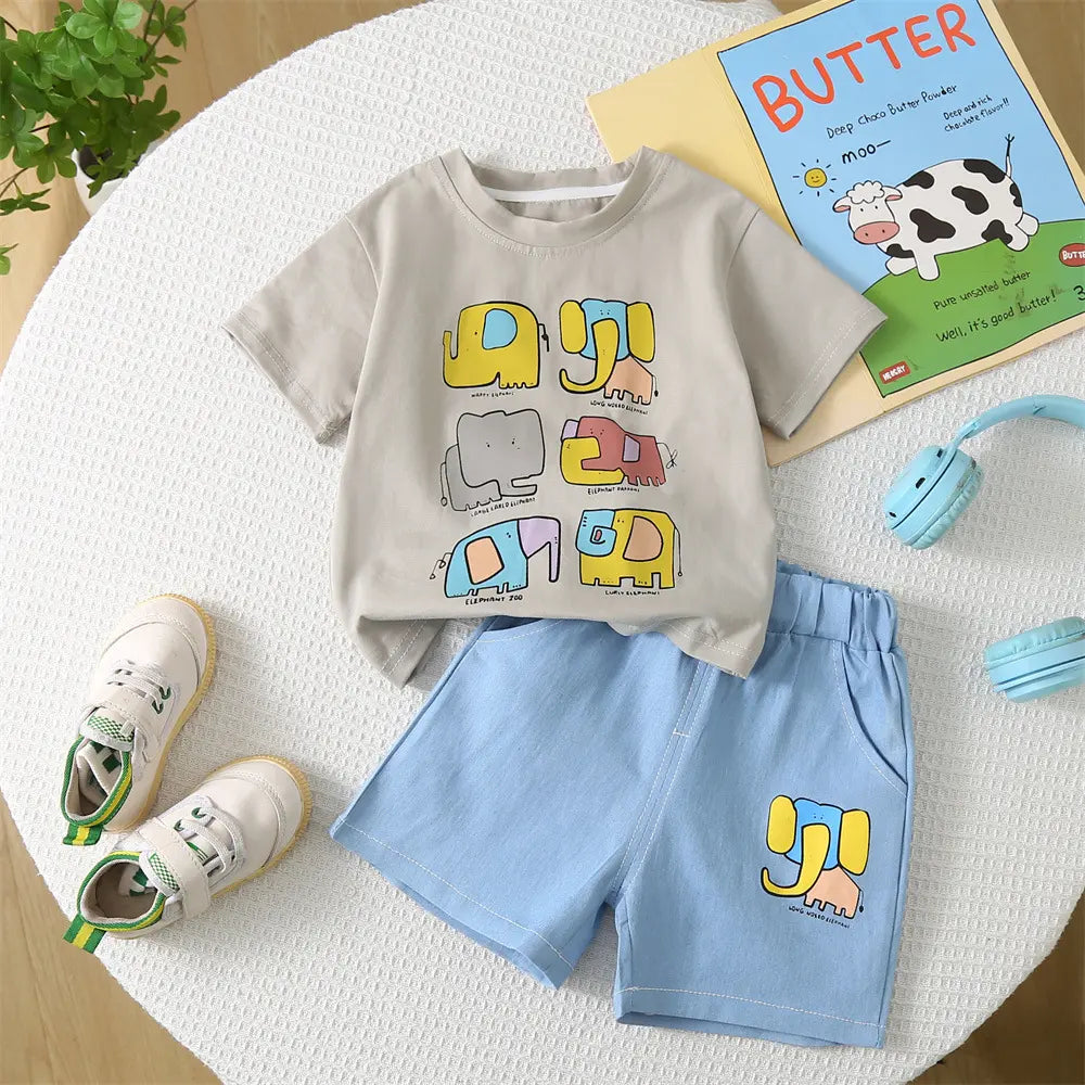 Boys’ Summer Short Sleeve Clothes Set Cartoon Printed 2 Pieces Clothes Set