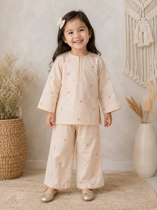 Girls Soft Peach Embroidered Kurta & Wide-Leg Trouser Set – 2 Piece Ethnic Suit