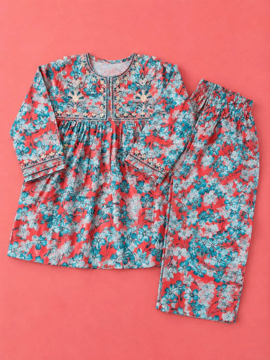 Girls Teal Floral Print Red Frock & Trouser – 2 Piece Co-ord Set