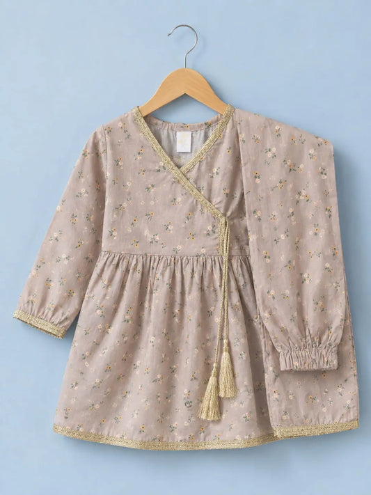 Girls Soft Mauve Floral Angrakha Frock & Trouser Set – 2 Piece Suit