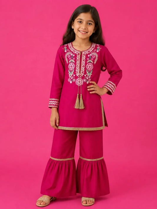 Girls Magenta Embroidered Kurta & Sharara Set – 2 Piece Festive Suit