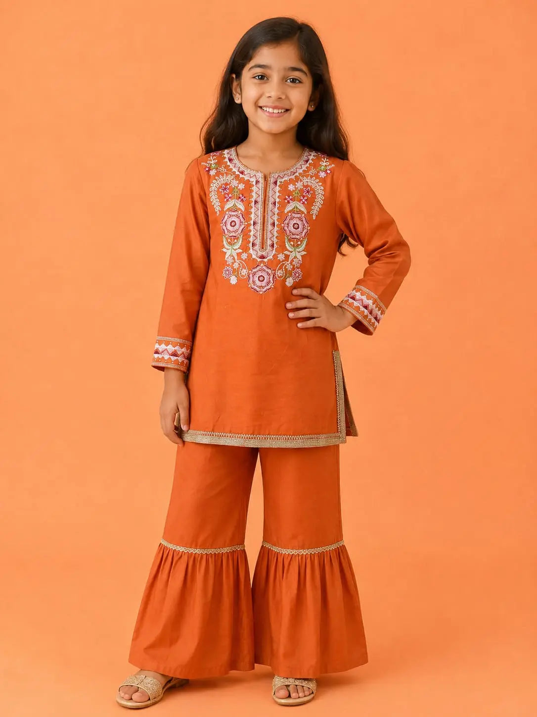 Girls Rust Embroidered Kurta & Sharara Set – 2 Piece Festive Suit