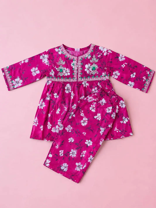 Girls Magenta Floral Print Peplum Frock & Trouser – 2 Piece Co-ord Set