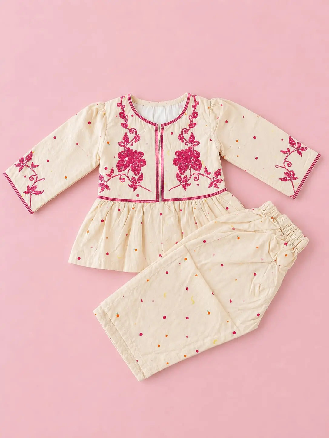 Girls Cream Beige Embroidered Peplum Top & Trouser – 2 Piece Ethnic Set
