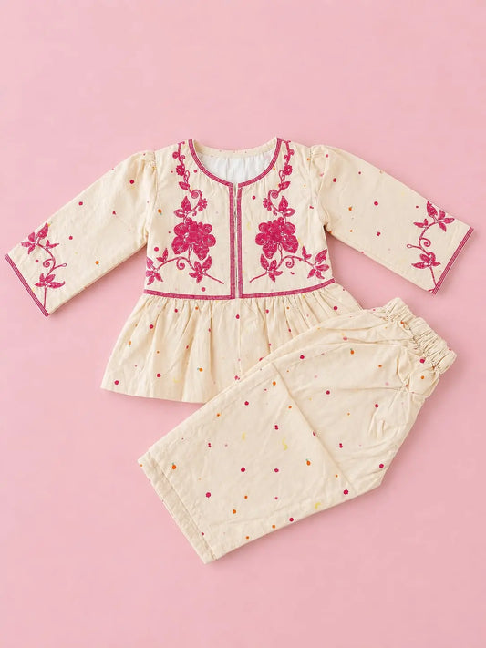 Girls Cream Beige Embroidered Peplum Top & Trouser – 2 Piece Ethnic Set