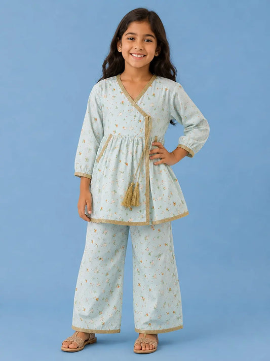 Girls Sky Blue Floral Angrakha Frock & Wide-Leg Trouser Set – 2 Piece Suit