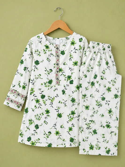 Girls Elegant Green Floral Print Kurta & Trouser Set – 2 Piece Casual Suit