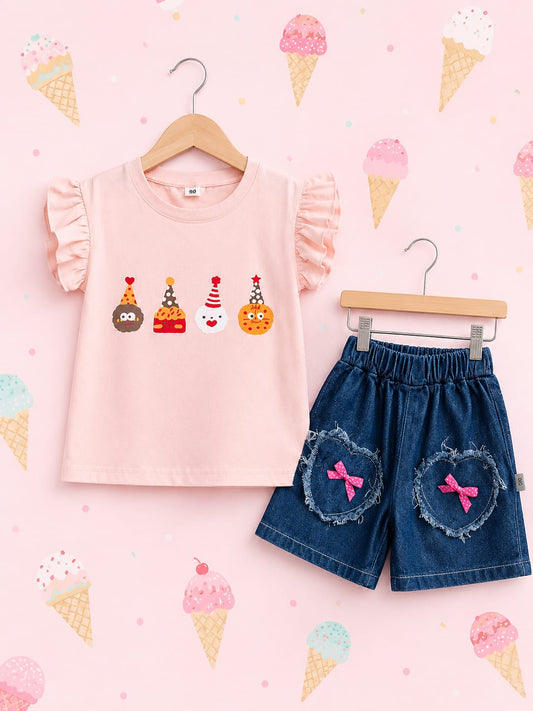 Girls Pink Ruffle Sleeve Tee & Denim Shorts – 2 Piece Summer Set