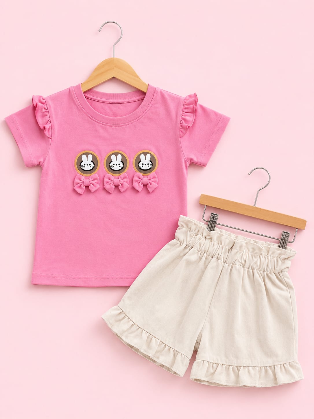 Girls Pink Bunny Bow Tee & Ruffle Shorts Set