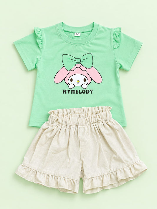 Girls Mint Green My Melody Printed Tee & Ruffle Shorts Set