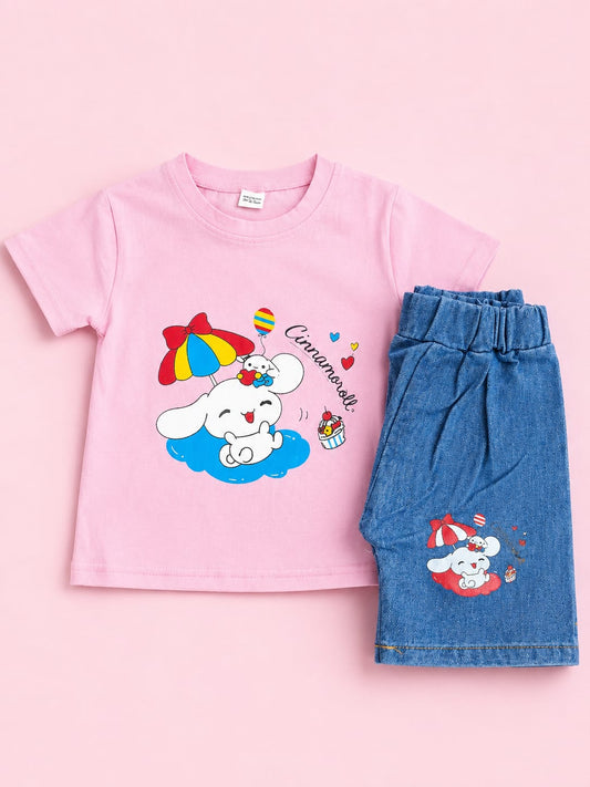 Girls Pink Cinnamoroll Printed Tee & Denim Shorts Set