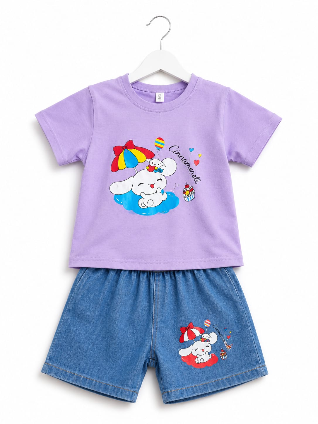 Girls Purple Cinnamoroll Printed Tee & Denim Shorts Set