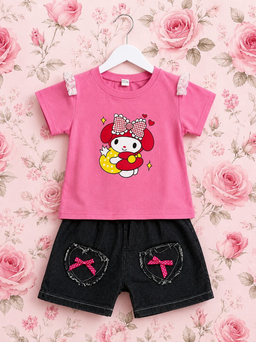 Girls Pink My Melody Tee & Charcoal Denim Shorts Set