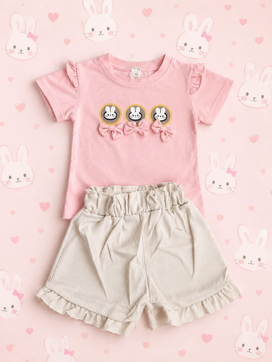 Girls Light Pink Bunny Bow Tee & Ruffle Shorts Set