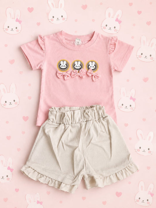 Girls Light Pink Bunny Bow Tee & Ruffle Shorts Set