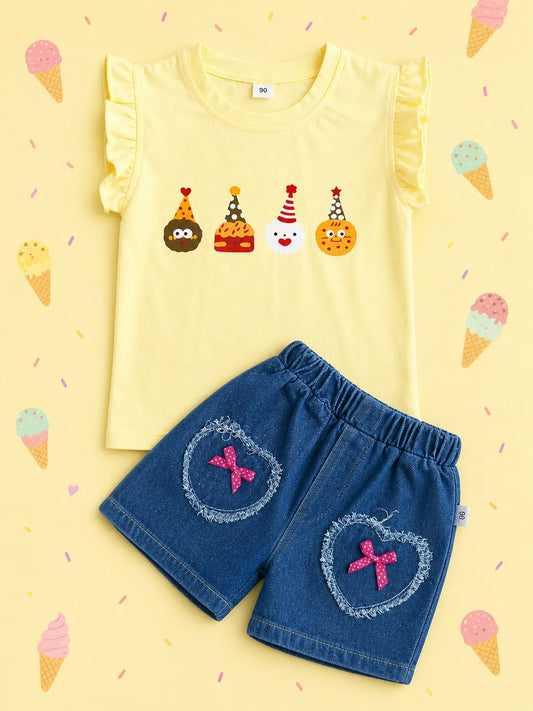 Girls Lemon Yellow Ruffle Sleeve Tee & Denim Shorts – 2 Piece Summer Set