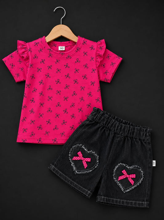 Girls Hot Pink Bow Print Tee & Charcoal Denim Shorts Set