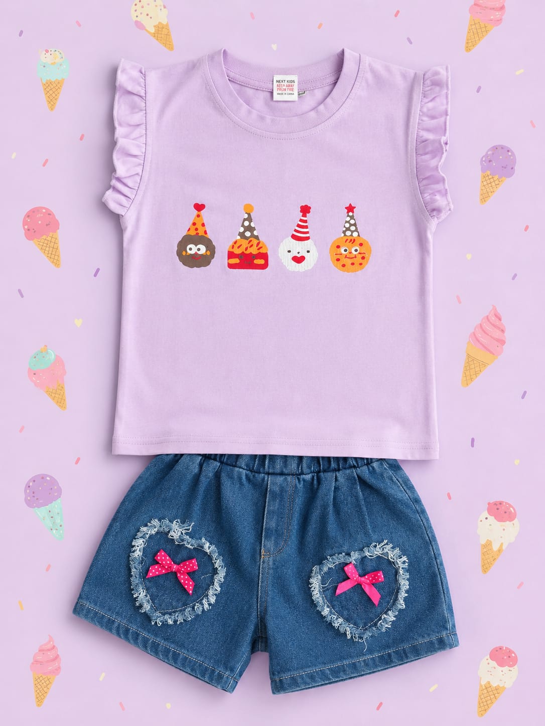 Girls Lilac Ruffle Sleeve Tee & Denim Shorts Set