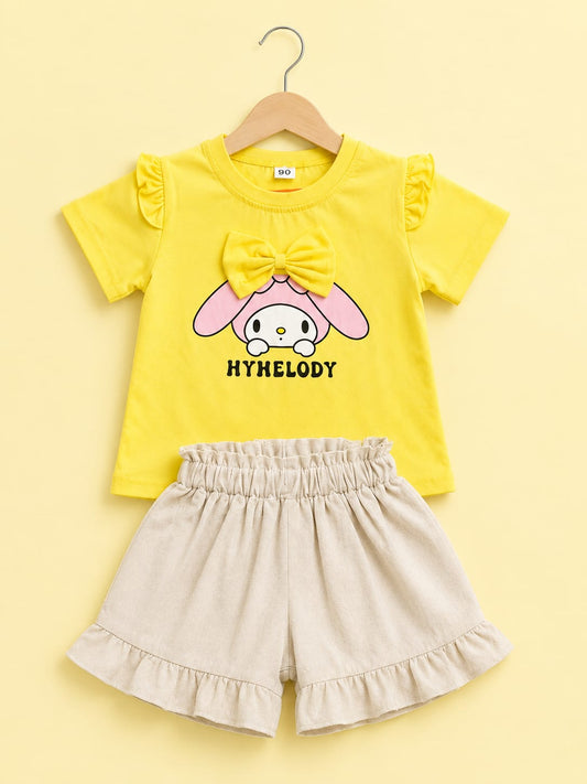 Girls Yellow My Melody Printed Tee & Ruffle Shorts Set