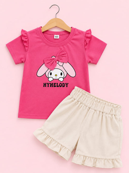 Girls Dark Pink My Melody Printed Tee & Ruffle Shorts Set