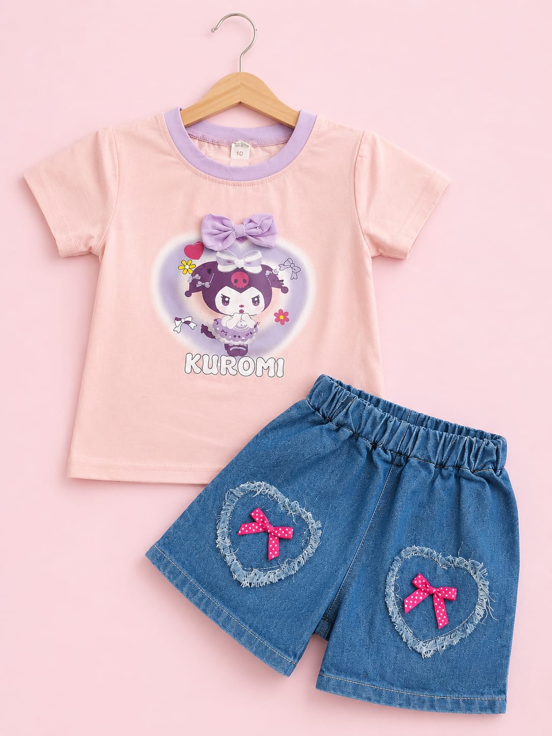 Girls Pink Kuromi Printed Tee & Denim Shorts Set