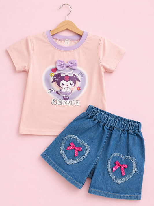 Girls Pink Kuromi Printed Tee & Denim Shorts Set