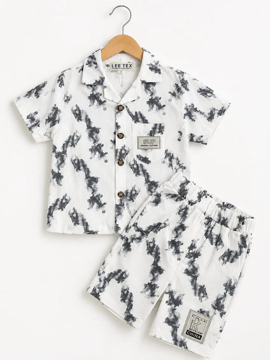 Kids’ Cream Designer-Inspired Short Sleeve Button-Down 2-Piece Co-Ord