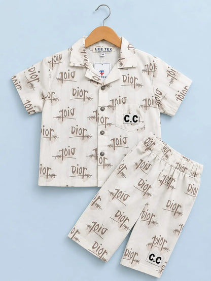 Kids’ Cream Designer-Inspired Short Sleeve Button-Down 2-Piece Co-Ord