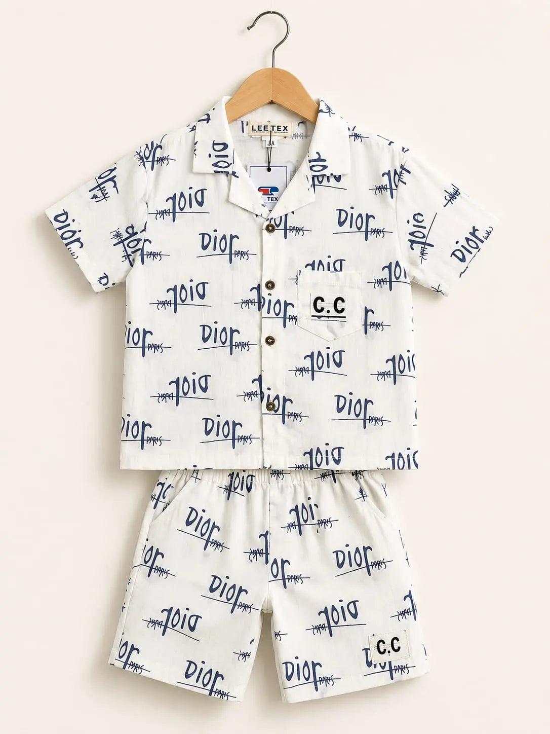 Kids’ Cream Designer-Inspired Short Sleeve Button-Down 2-Piece Co-Ord