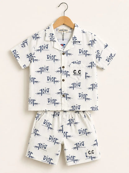 Kids’ Cream Designer-Inspired Short Sleeve Button-Down 2-Piece Co-Ord