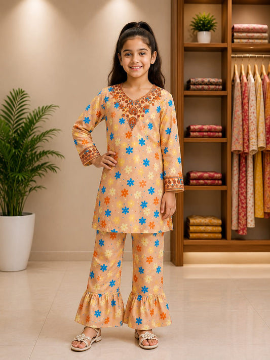Girls Floral Print Peach Sharara Set – 2 Piece Festive Suit