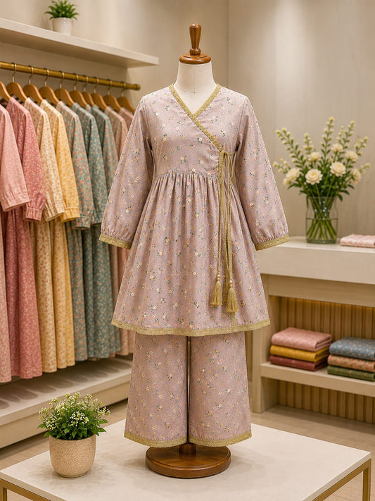 Girls Soft Mauve Floral Angrakha Frock & Trouser Set – 2 Piece Suit