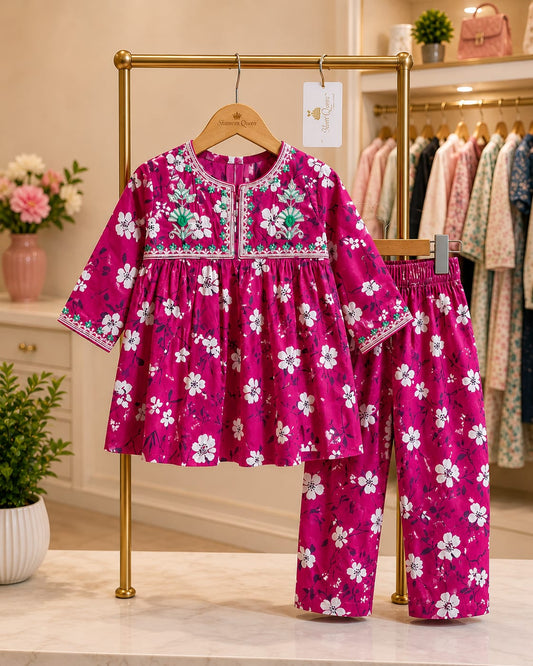 Girls Magenta Floral Print Peplum Frock & Trouser – 2 Piece Co-ord Set