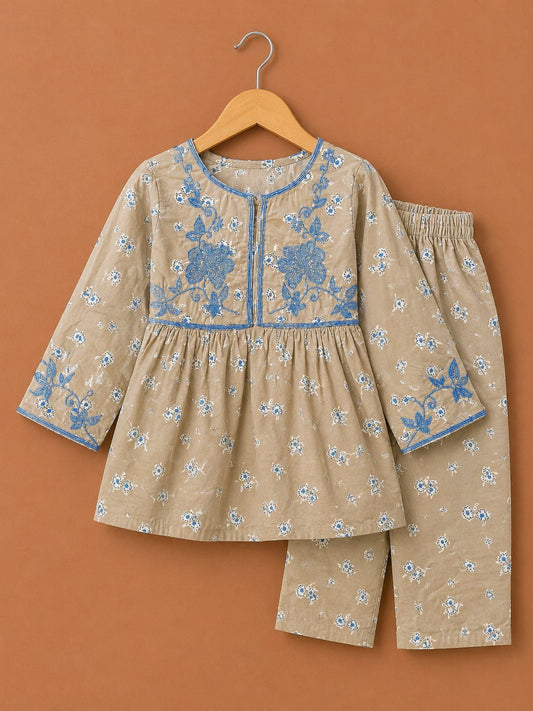 Girls Light Brown Embroidered Peplum Top & Trouser – 2 Piece Ethnic Set