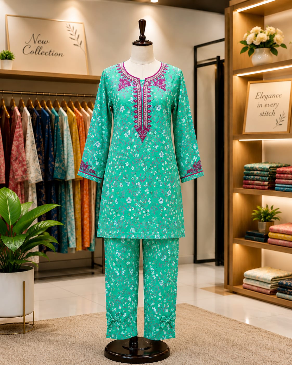 Mint Green Floral Embroidered Kurta & Trouser Set