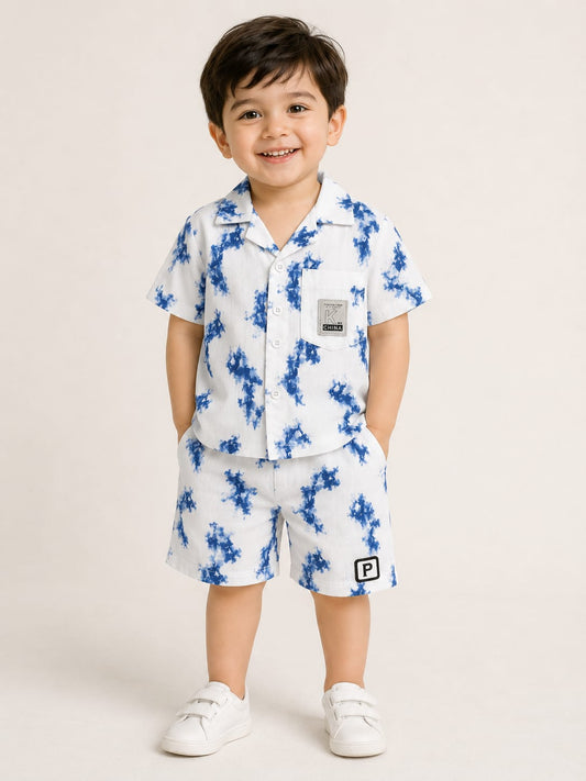 Kids’ Cream Designer-Inspired Short Sleeve Button-Down 2-Piece Co-Ord
