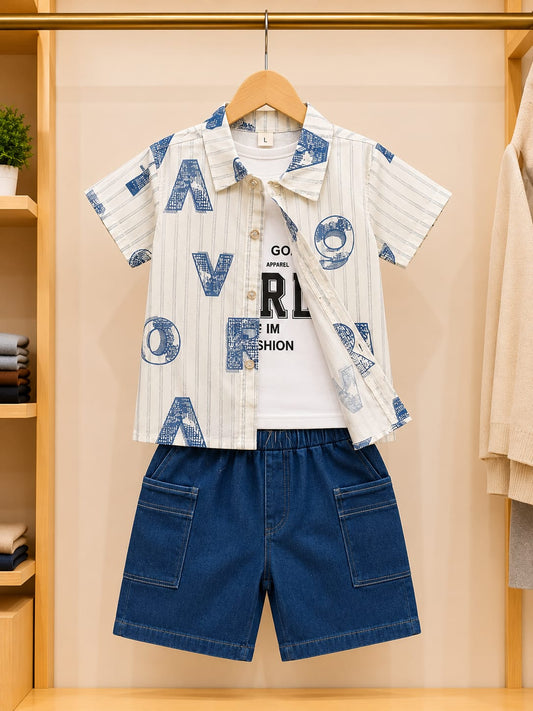 Boys Casual Cotton Double Shirt with Denim Short