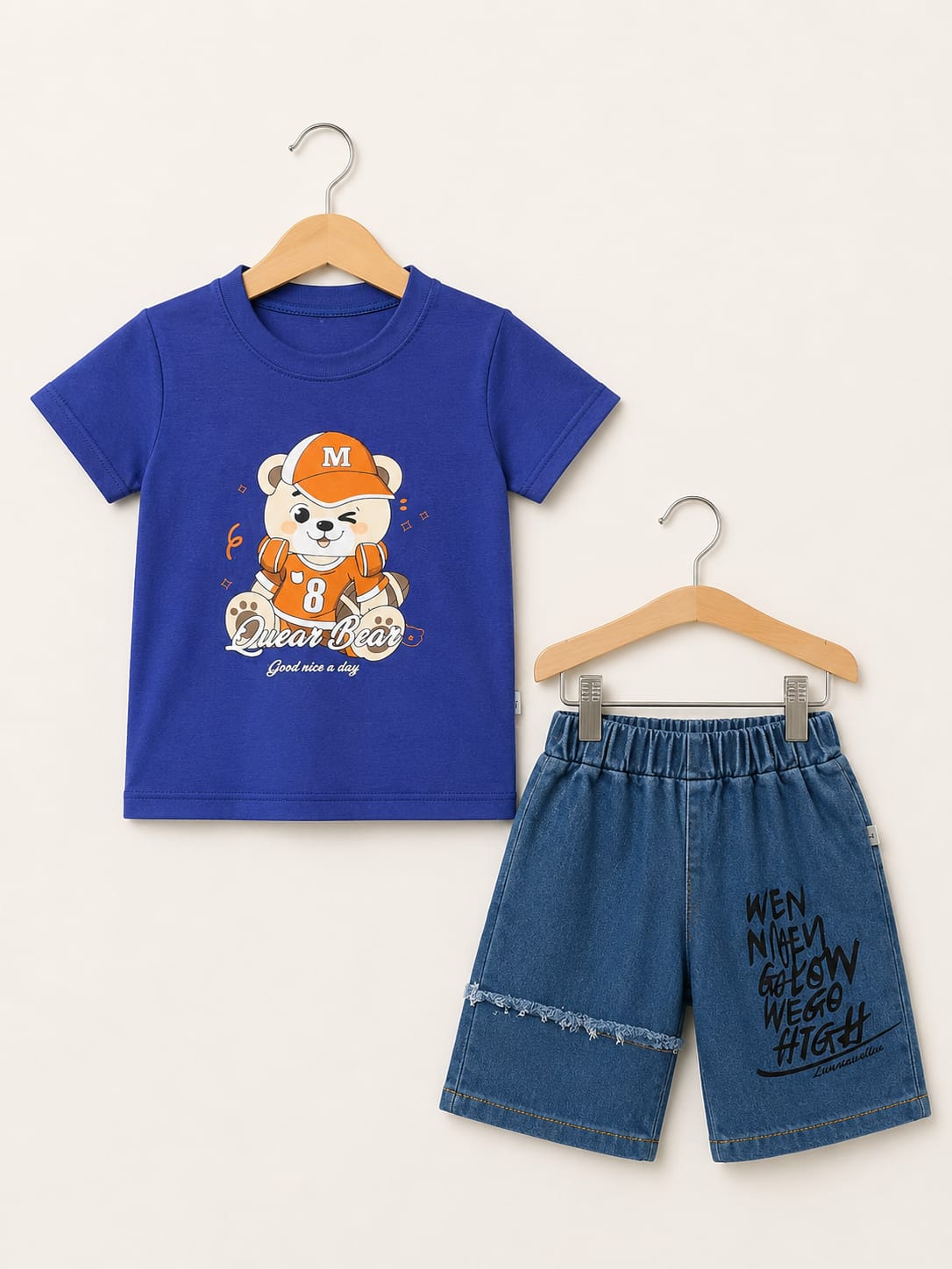 Girls Blue Printed Tee & Denim Shorts Set